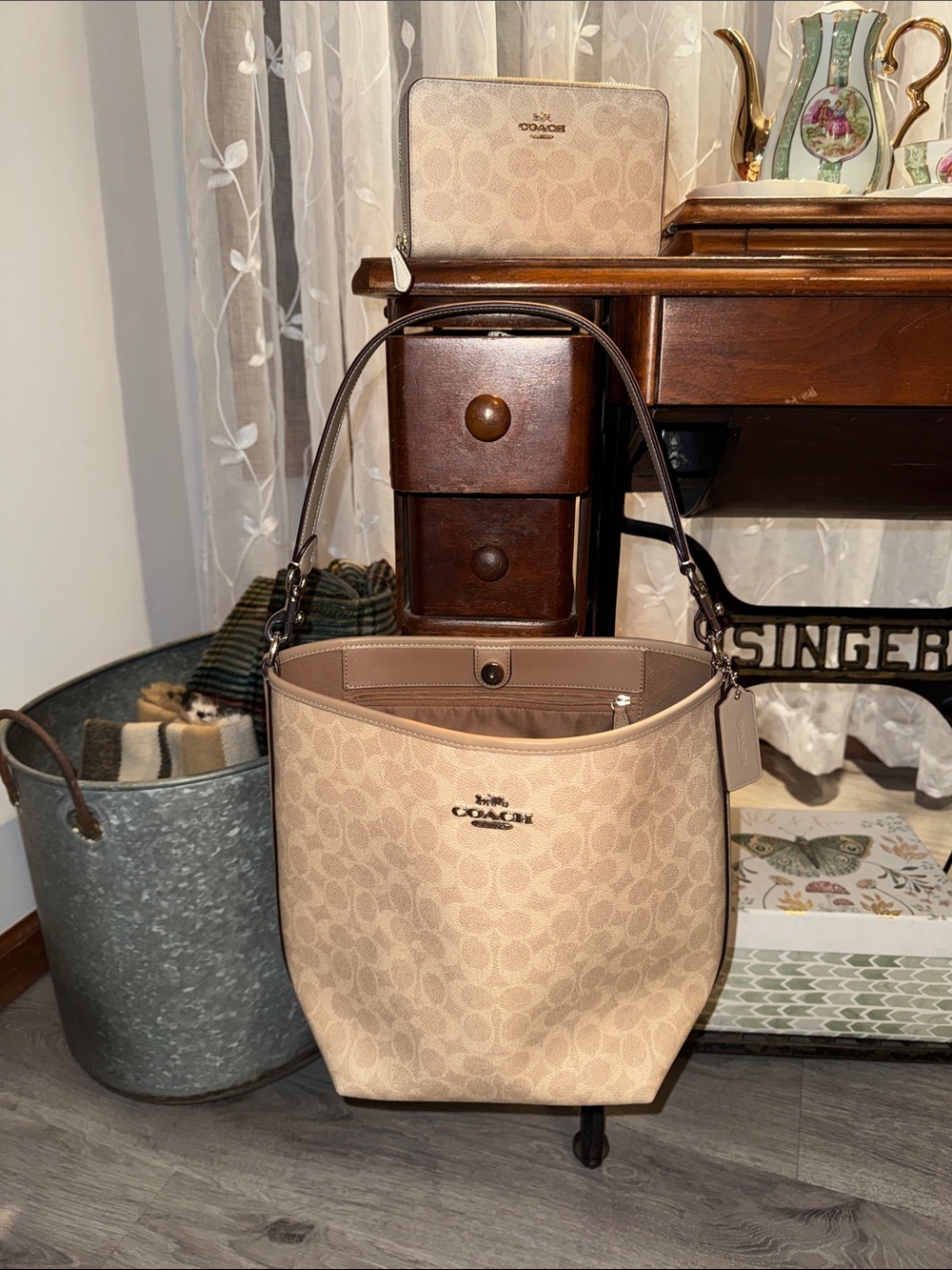 Coach Tan Signature Bucket Tote with Brown Trim